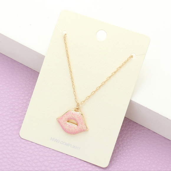 Glittered Pink Kiss Lip Charm Pendant Necklace Chain Gold Jewelry - Picture 1 of 3